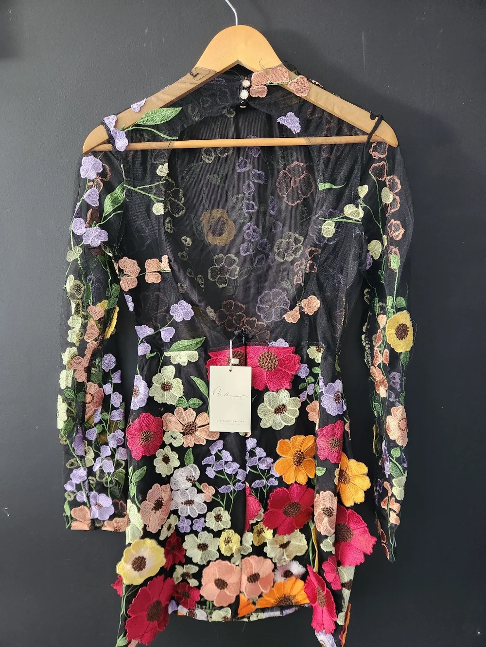 Mew Mews- "Saige" Long Sleeve Mesh Flower 3D Applique' Mini Dress - Picture 4 of 11